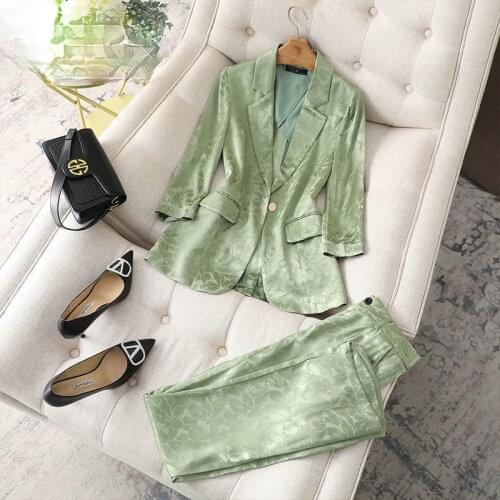 Women 2021 Spring New Satin Two Piece Suits Female Business Work Uniform Blazer and Trousers Ladies Ladies Office Lady Sets Y242
