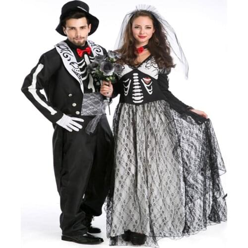 Free shipping women Halloween costume game suit couple role playing uniform skeleton zombie bride dress JQ-1071