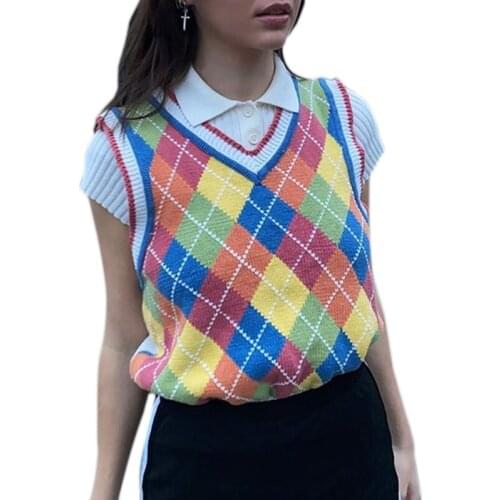 Women Preppy Style Knitted Sleeveless Vest Rainbow Colorful Rhombus Plaid Sweater V-Neck Loose Pullover Jumper Tank Tops