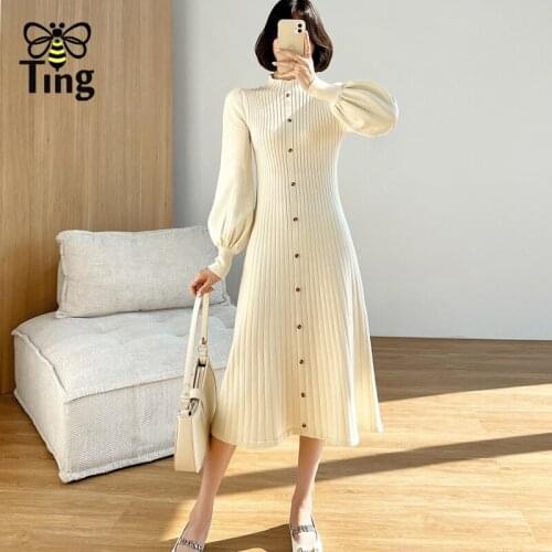 Tingfly Vintage Elegant Long Lantern Sleeve Knitwear Dress Women Casual Chic Warm A Line Slim Knitting Dresses Elbise Robes Traf