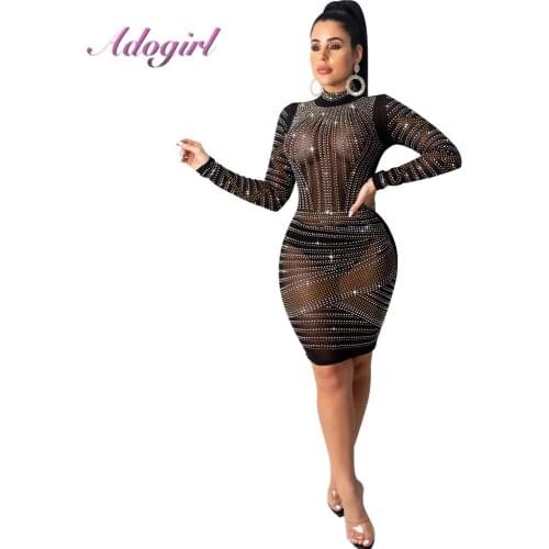 Sexy Diamonds Sheer Mesh Evening Party Mini Dress Women Elegant Patchwork Mock Neck Long Sleeve Bodycon Banquet Dresses Vestidos