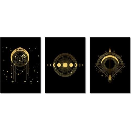 3 pieces Black Gold Sun Moon Star Canvas Poster Print Modern Abstract Wall Art Painting Nordic Pictures Living Room Home Decor