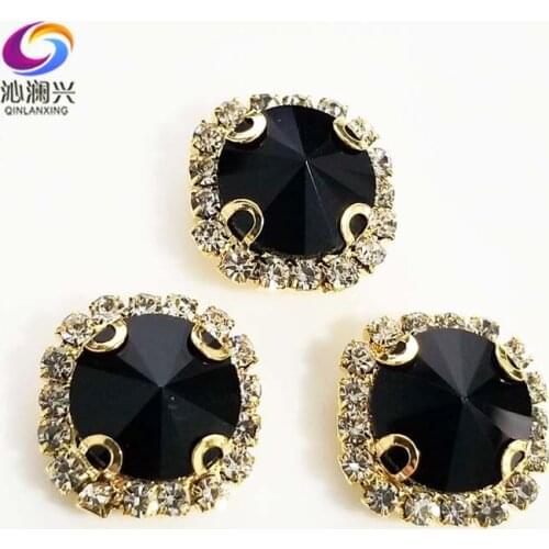 Black Round shape top glass crystal rhinestones with hole,golden bottom sew on stone for Diy Clothing accessories