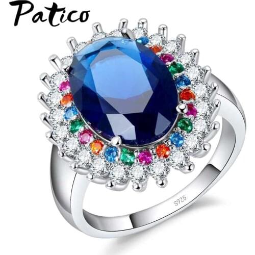Brilliant 925 Sterling Silver Colorful Crystal Blue Cubic Zirconia Finger Rings Females Jewelry Luxurious For Wedding
