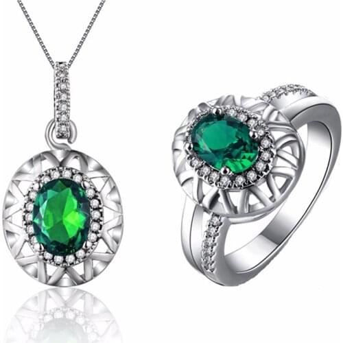 Green Stone Crystal Necklace Sets 1 Necklace And 1 Ring Set White Gold color Vintage Jewelry Sets Parure Bijoux Femme ASM010