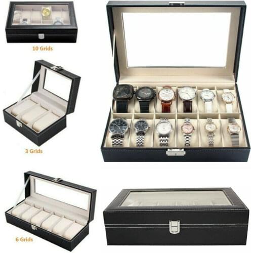3/6/12 Faux Leather Watch Case Display Box Storage Jewelry Glass Top Watch Storage Display Box