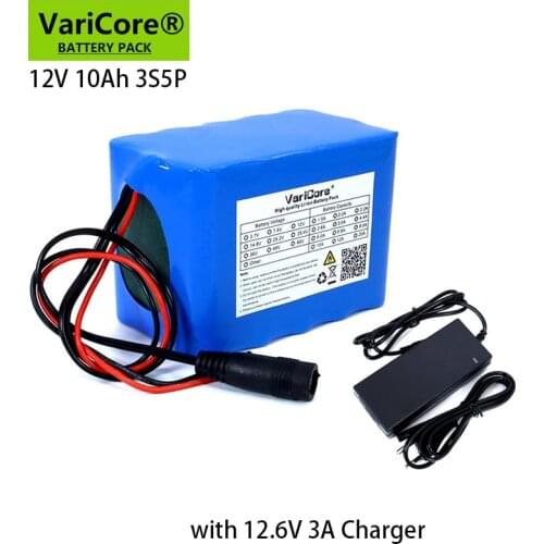 VariCore 12V 10Ah 18650 li-lon battery pack with BMS 10000mAh for Monitor emergency lights Uninterrupted power +12.6V 3A Charger