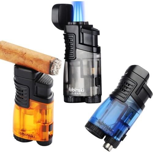 LUBINSKI Plastic Cigar Lighter Bulit-in Cigar Accessories Punch Cutter Drill Hole Cigar 3 Jet Gas Torch Lighters