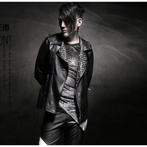 Mens New Vest Male Slim Nightclub Costume Punk Leather Riveted Leather Vest Male Singer Rock Leather Clothing PU Jacket 2020
