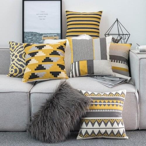 Home Decor Embroidered Cushion Cover Yellow Grey/White Geometric Floral Canvas Cotton Square Embroidery Pillow Cover 45x45cm