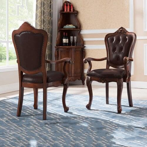 European-style Solid Wood Armrest Dining Chair American Home Leather Backrest Computer Chair Office Chair Chairs Living Room