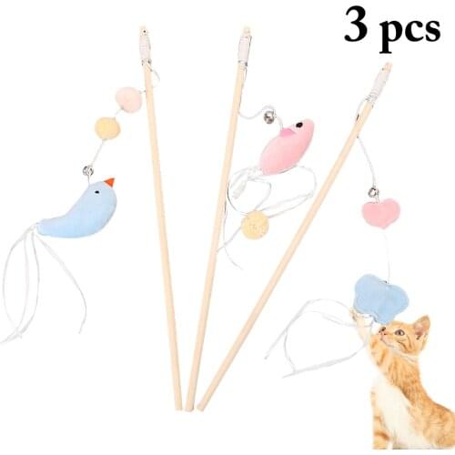 3pcs Pet Cat Teaser ToysWood Rod Bell Plush Wand Cat Catcher Teaser Stick Cat Interactive Toys Wood Rod Mouse Toy
