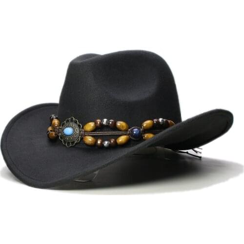 Retro Turquoise Wood Bead Braid Band Parent-child Unisex /Kid Wool Wide Brim Cowboy Western Hat Cowgirl Bowler Cap (57cm/54cm)
