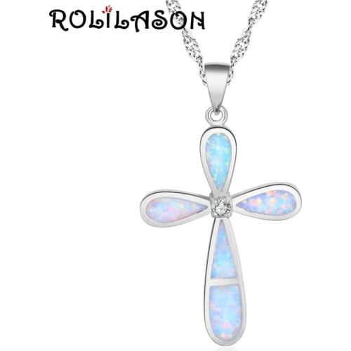 ROLILASON High-end Cross silver color White Opal Necklace Pendant Charming Fashion Anniversary Gift for Women Exclusive OP866