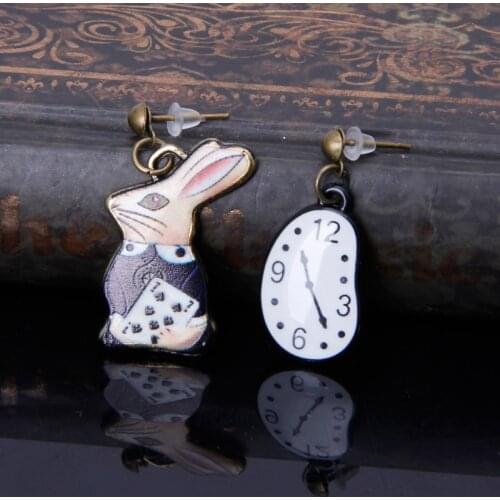 Rabbit Clock Poker Party Cartoon Icon Earrings Alice in Wonderland Stud Earrings
