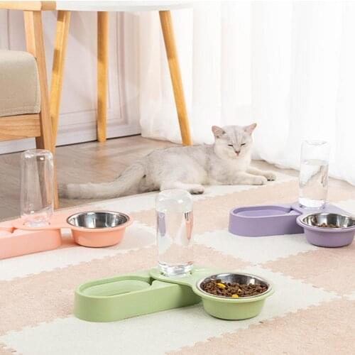 Pet Kitten Folding Rotating Double Bowl Cat Puppy Stainless Steel Food Feeder