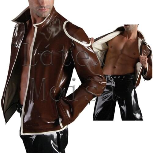 0.4mm thickness two layers latex jacket men brown patchwork white color and attached pockets decorations