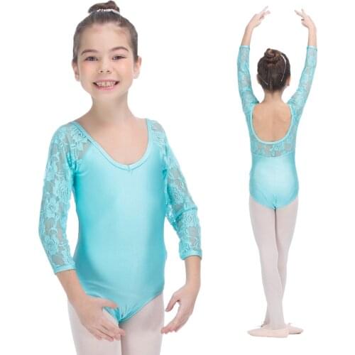 Light River Blue Nylon/Lycra Leotard with Lace 3/4 Sleeve V Front for Girls Gymnastics Ballet Dancing