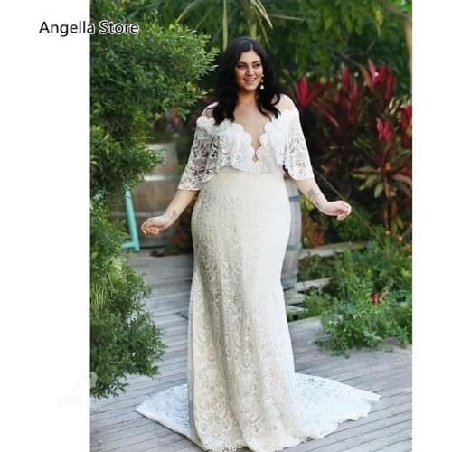 Rustic Lace Mermaid Wedding Dresses Illusion V-Neck Off Shoulder Ivory Long Plus Size Bridal Gowns Train 50CM Cape Sleeve