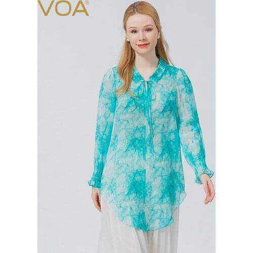 VOA Silk Georgette Three-dimensional Lace Top Fashion Horn Long Sleeve Woman Tshirts Printing Process Graphic T Shirts New BE698