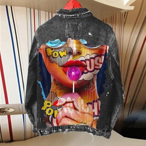 Womens high street retro printing single-breasted lapel denim jacket womens jacket wholesale