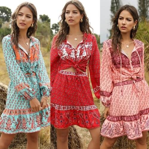 Women Long Sleeve Wrap Boho Floral Two-Piece Set Mini Dress Ladies Summer Sundress Holiday V neck Long Sleeve Print Dress