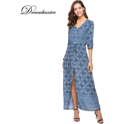 Women Bohemian Maxi Dress V Neck Half Sleeve Floral Print Ethnic Beach Boho Long Dress Summer Retro Vestidos Boho Dress
