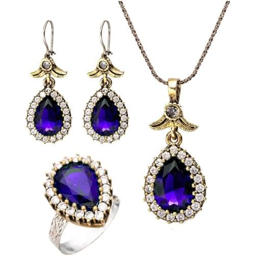 Blue Sapphire Gemstone Hurrem Sultan Drop Authentic Silver Triple Female Set Adjustable Ring