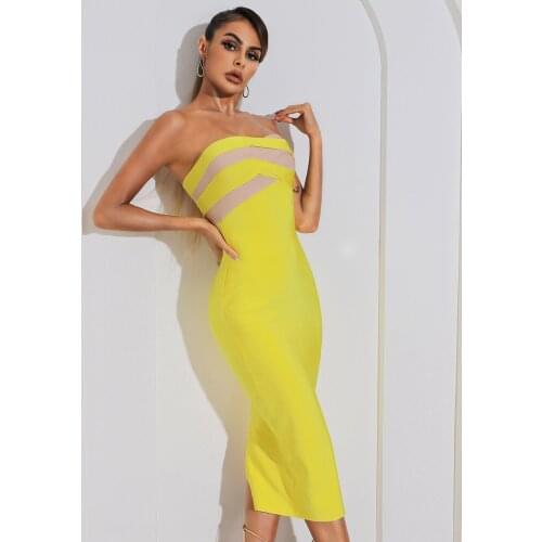 2021 New Fashion Women Sexy Off The Shoulder Black Yellow Sleeveless Midi Bodycon Bandage Elegant Party Dress