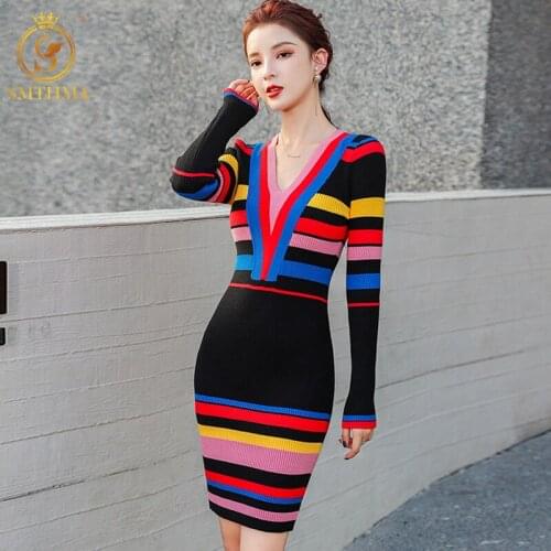 SMTHMA Korean Chic Women Elegant Sexy V-Neck Knitting Dresses New Winter Bodycon Candy Color Stripes Slim Vestido Da Festa