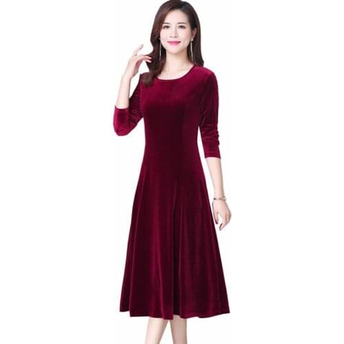 Plus Size 5XL Middle-aged Womens Dress New Spring Autumn Solid Gold Velvet Dress Long-sleeved Slim Female Mid Long Party Dress