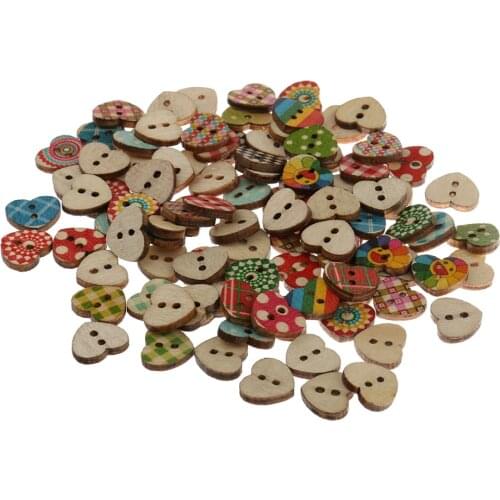 100pcs Cute Heart Shaped Multicolor 2 Holes Wood Buttons for Sewing / Knitting