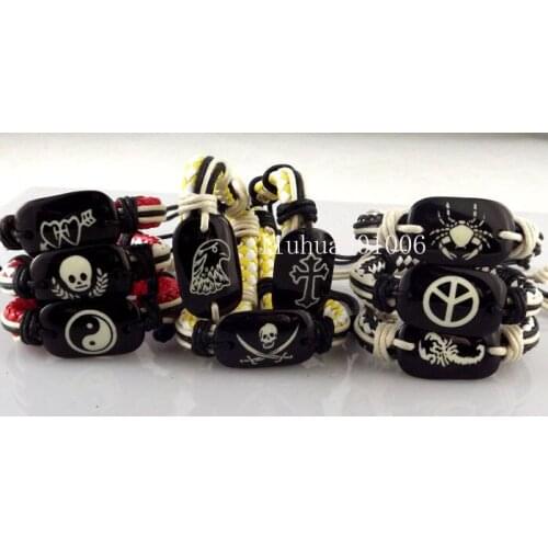 36 pcs Mens Skull Cross Peace Leather cuff Bracelets wholesale Jewelry 9 Designs Mixed lots