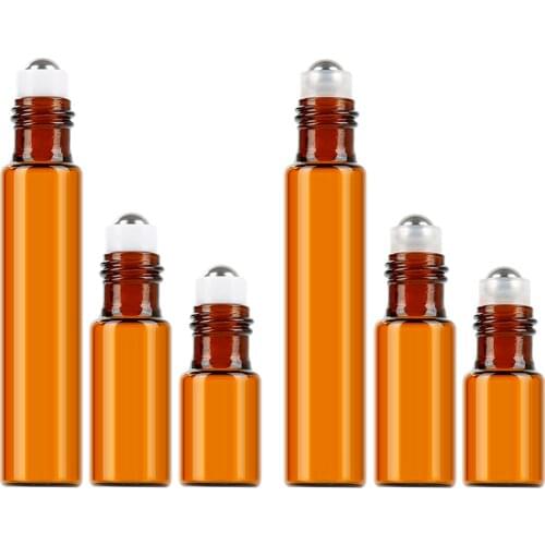 Aihogard 10pcs 3ml/5ml/10ml Brown Essential Oil Glass Bottle Stainless Steel Roller Ball Portable Travel Perfume Glass Container