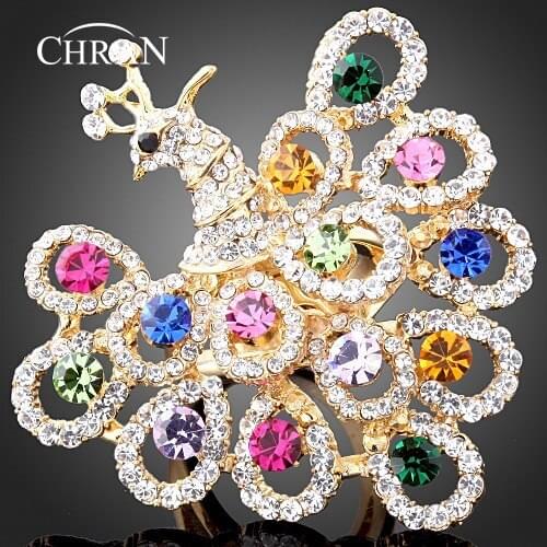 CHRAN Classic Peacock Promised Engagement Rings for Women Charm Gold Color Shining Crystal Vintage Jewelry for Valentine Gift