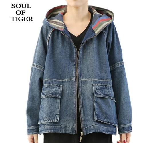 SOUL OF TIGER 2020 Spring New Fashion Ladies Vintage Denim Jackets Womens Casual Striped Coats Hooded Female Streetwear Clothes