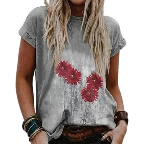 Summer 2021 Plus Size T-shirt Vintage Floral Printed Casual Loose Women O Neck Short Sleeves Heart Daily Wear Top Tee