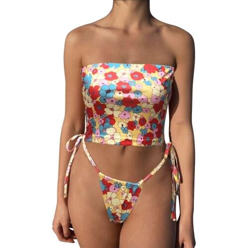 2Pieces Female Suit Set Adults Floral Print Sleeveless Strapless Crop Tops Panties for Summer S/M/L