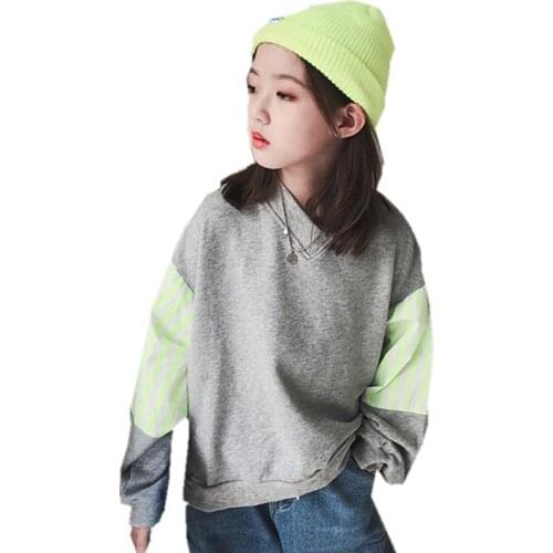 Fashion Korean Style Sweatshirts for Girls Cotton Splice Design Sweatshirt Tops New Autumn V-Neck Loose Sweatshirts for Children