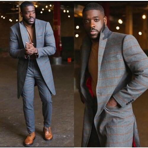 Plus Size Mens Suits Two Piece Tweed Suit Herringbone Peaked Lapel Custom Made Groom Tuxedos Wedding Prom Dress Long Jacket Pant