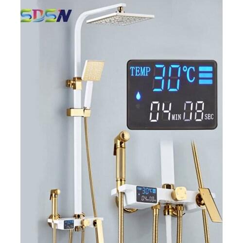 Bathroom Shower Set White Gold Digital Bath Shower System Brass Bathtub Shower Faucet Square Rainfall Shower Head Bath Bidet