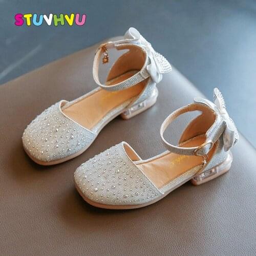 Toddler Girl Shoes Sandals Leather Childrens Shoes 2021 Summer Sandals Sweet Rhinestone Bow Princess Kids Shoes for Girls 3-12Y