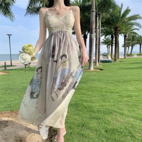 Sling dress female summer French vacation retro style long slim waist dresses print cartoon women beach wear dresses