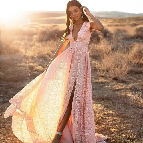 Hot style of Europe and the United States foreign trade new V collar sleeveless dress lace split dress dress party dress