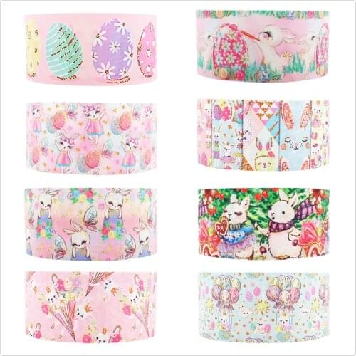 Q&N ribbon 50Yards 16mm - 75mm Easter Day Eggs and Bunny Grosgrain/FOE Ribbons for DIY Bow Craft Wedding Easter egg Decoration