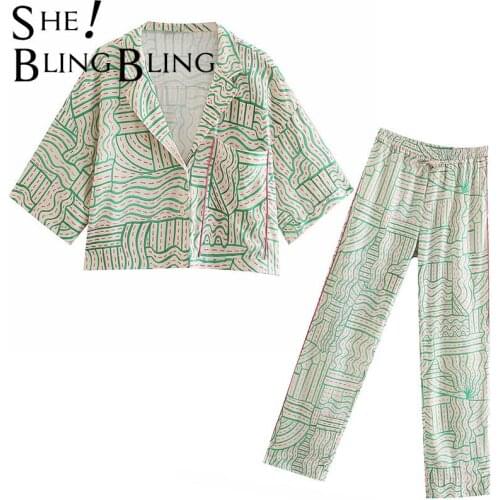SheBlingBling 2021 Za Geometric Print Summer Women Casual 2 Piece Set Loose Crop Shirt and Elastic High Waist Pants Suits Female