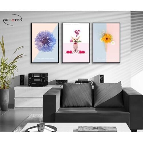 Modern Minimalist Aesthetic Flowers Puppy Decorative Painting Living Room Decor Unframed Canvas Art Prints Poster