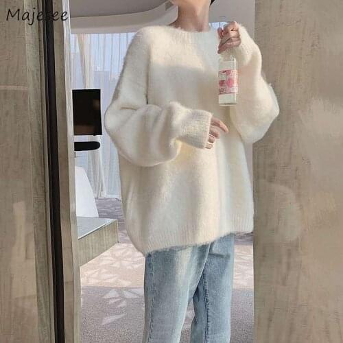 Sweater Womens Solid Loose Casual Pullover White Retro O-Neck Long Sleeve Soft Warm Lazy Knitted Kroean Style Female Trendy Chic
