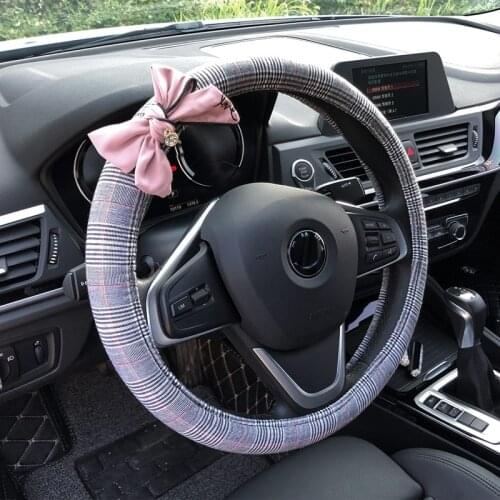 Diamond Bowknot Universal Car Steering Wheel Cover Classic Plaid Auto Seat Cushion Women Car Interior Accessories Decoration