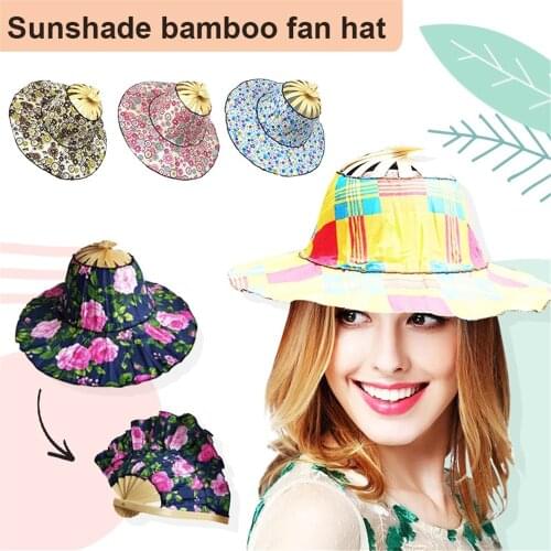 New Design Caps Folding Fan Women Girl Sun Floral Printed Sunshade Hat Foldable Bamboo Hats Fans Sunhat Hand Fan Traveling Cap